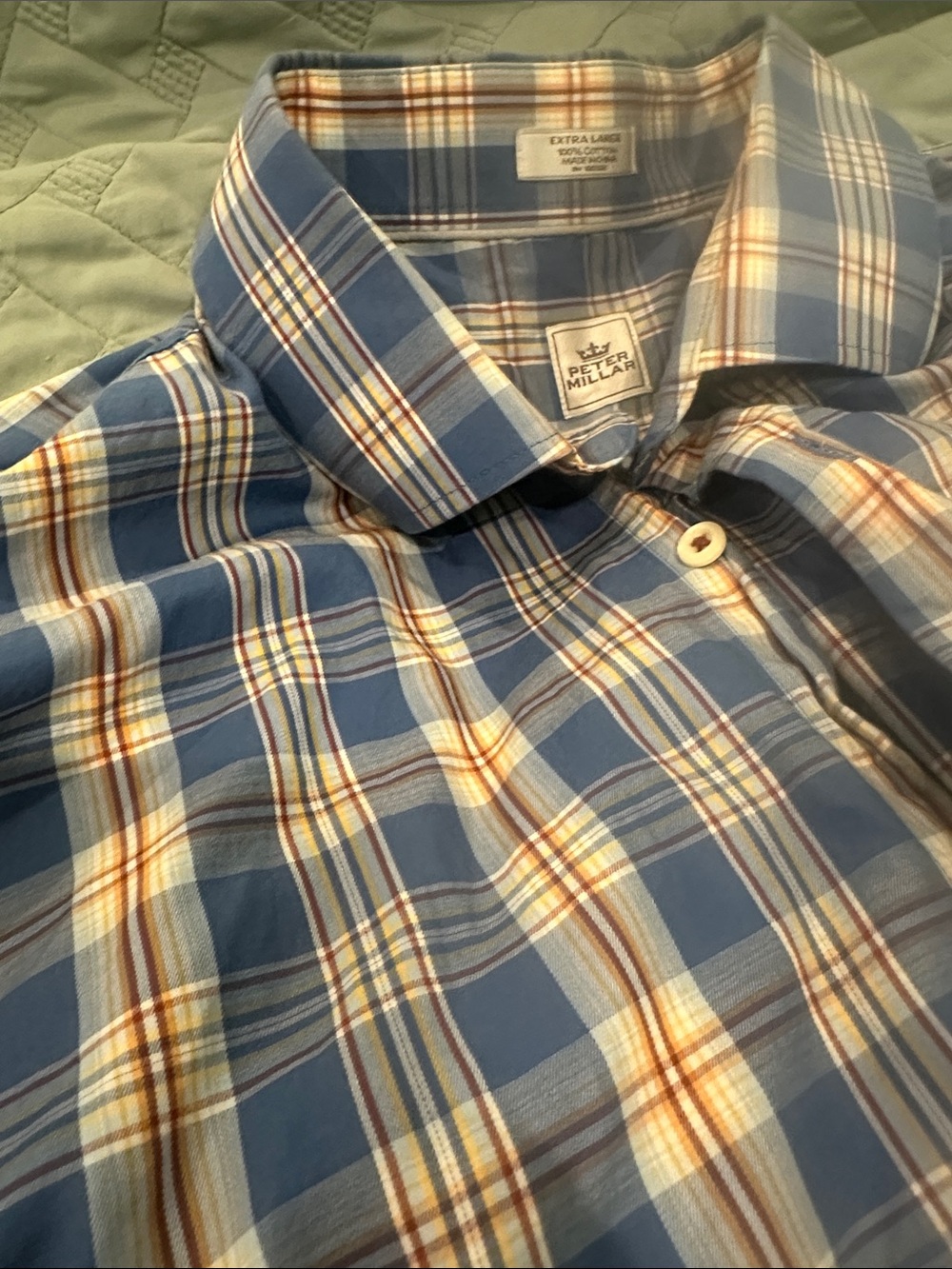 Peter Millar Blue and Cream Plaid Button-Down Shirt XL